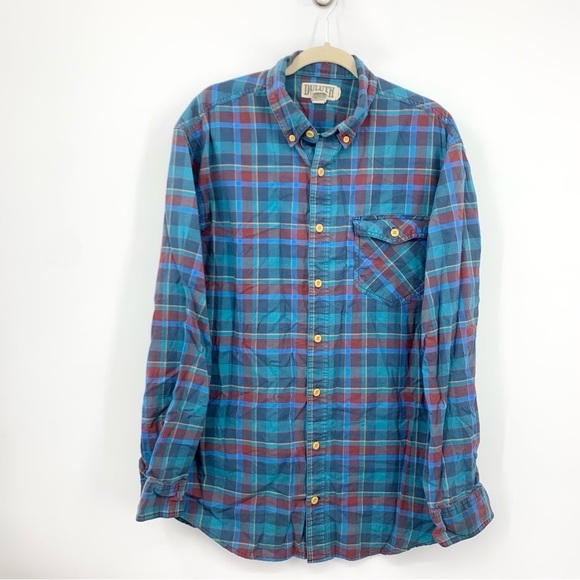 Duluth Trading Men Size Large Tall Shirt Button Down Top Blue Red Plaid Cotton - Picture 1 of 7